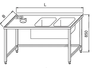 Stół ze zlewem 2-komorowym i otworem na odpady 1400x600x850(h)mm