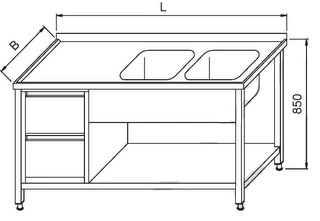 Stół ze zlewem 2-komorowym z półką i blokiem 2 szuflad 1800x600x850(h)mm