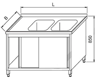 Stół z 2-ma Zlewami i Szafką z Drzwiami Suwanymi 1500x600x850(h) mm.