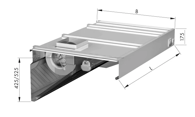 Okap przyścienny skośny + filtry + wentylator | 2000x800x525(h)mm.