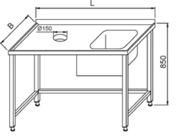 Stół ze zlewem i otworem na odpadki 1500x600x850(h)mm