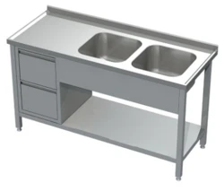 Stół ze zlewem 2-komorowym z półką i blokiem 2 szuflad 1500x600x850(h)mm